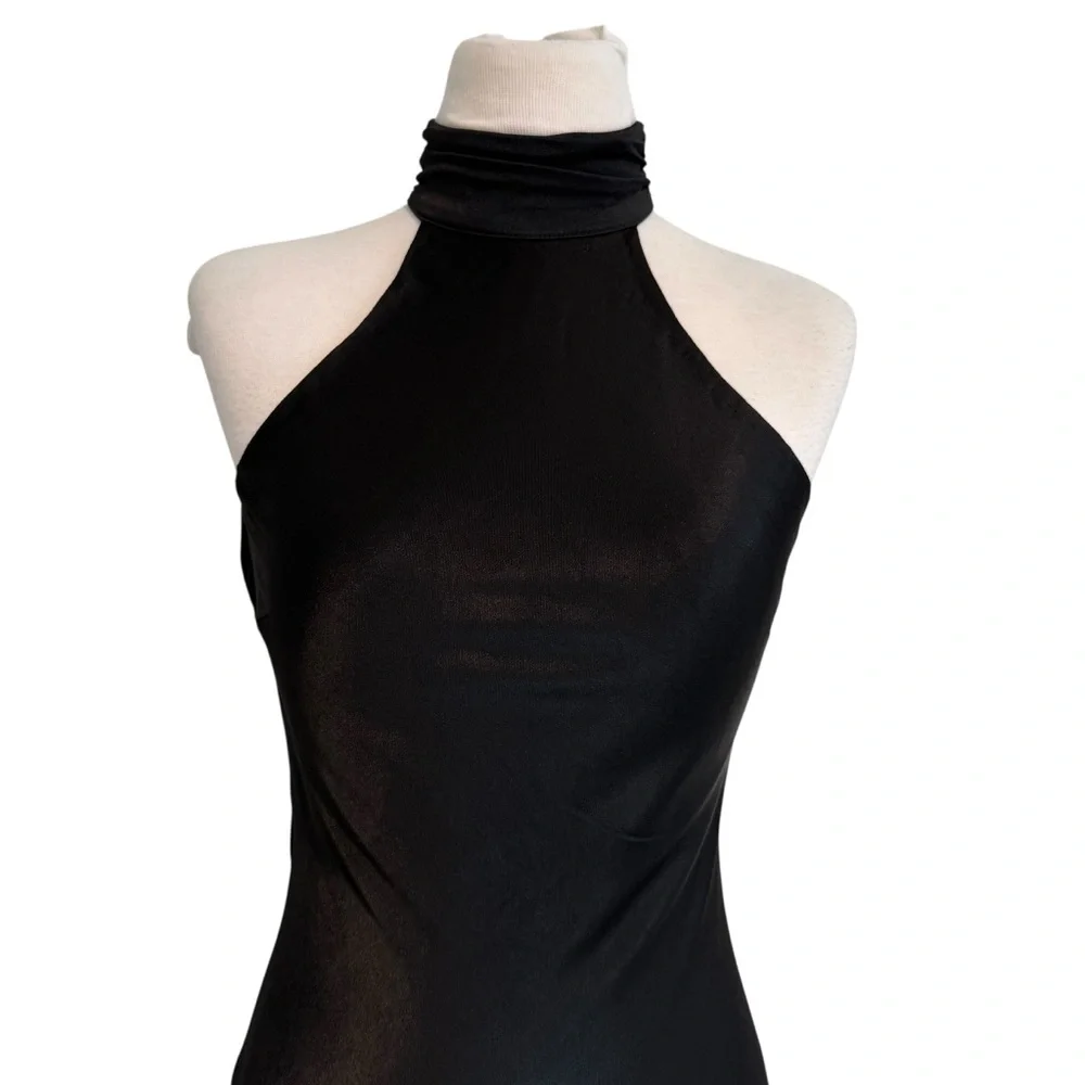 Satin Drape Back Maxi Dress with Split Black Small - Picture 8 of 15